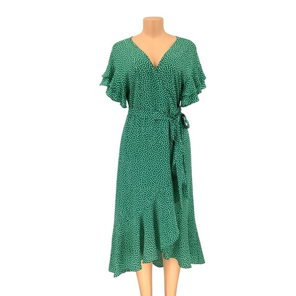 Max Studio Dresses & Skirts - Max Studio Midi Wrap Dress Large With Ruffle Sleeves & Tie Waist Green Polka Dot